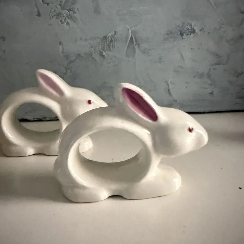 Vintage Japan White Bunny Rabbit Napkin Rings Ceramic Porcelain Easter Set Of 4